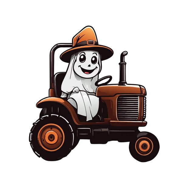 Photo graphic of a ghost in a hat riding an old brown tractor