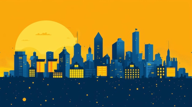 Graphic illustration of a cityscape at sunset featuring silhouetted buildings against a vibrant orange sky