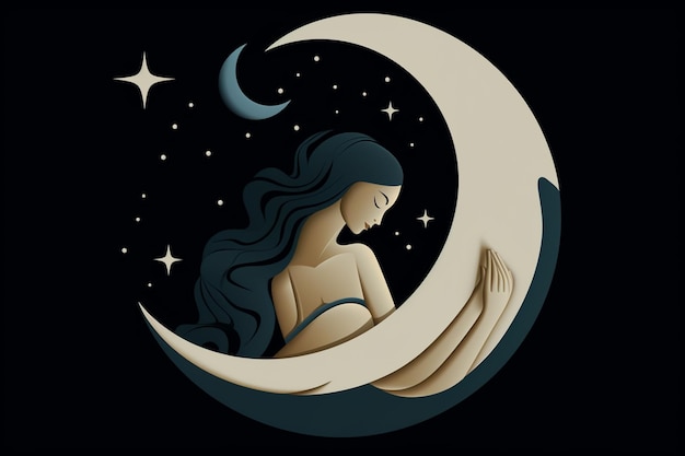 A graphic illustration of a crescent moon cradling a sleeping figure conveying the idea of nighttim