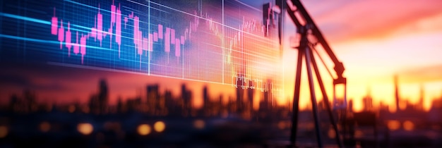 A graphic illustration of the dynamic oil price trends displayed on a screen with a silhouette