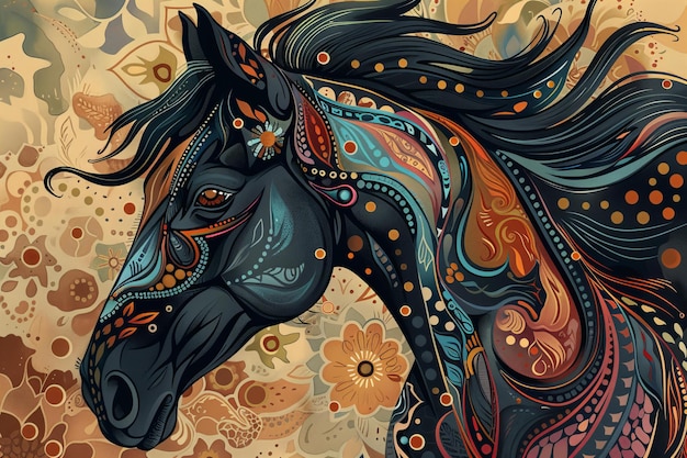 Graphic illustration of horse head on mandala background ar 32 style raw stylize 150