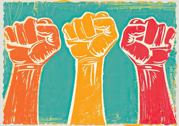 Graphic illustration of raised fists activism concept vintage placard style