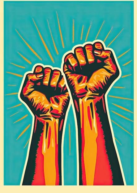 Graphic illustration of raised fists activism concept vintage placard style