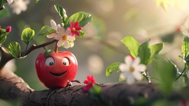 Graphic illustration of a red apple with eyes smiling standing on the branch of a tree