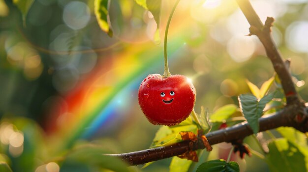 Graphic illustration of a red cherry with eyes smiling standing on the branch of a tree