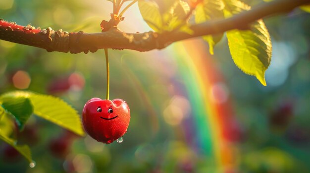 Graphic illustration of a red cherry with eyes smiling standing on the branch of a tree