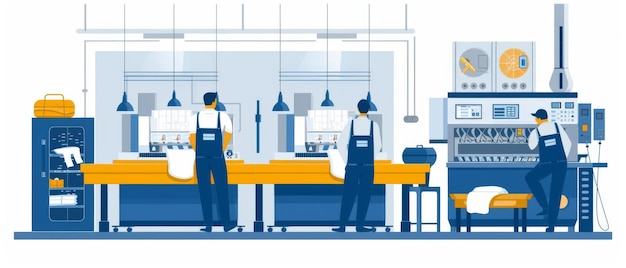 Graphic illustration of technicians in a hightech laboratory working meticulously with advanced machinery and testing equipment