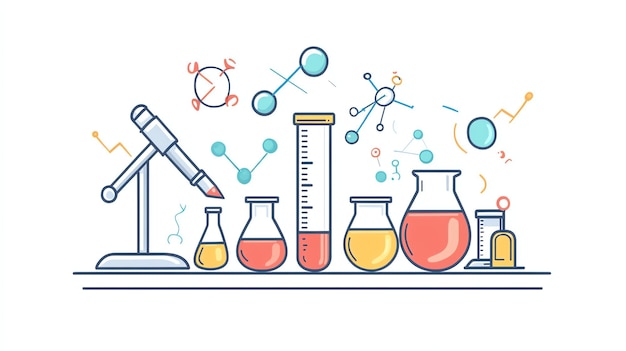 A graphic of a lab table with lab equipment including beakers and test tubes