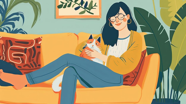 Graphic llustration of woman holding cat on sofa at home