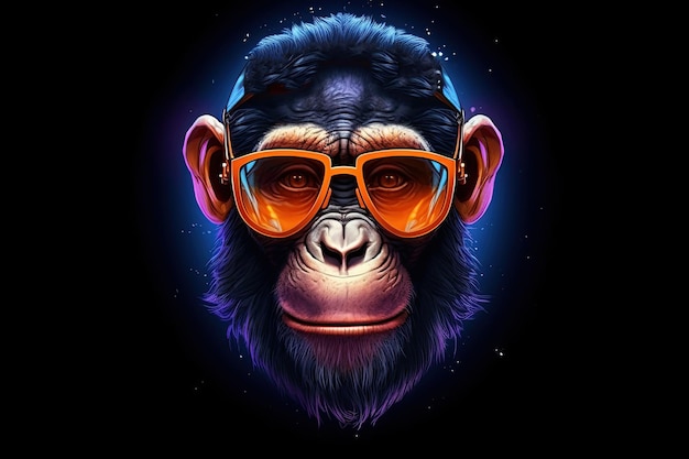 Graphic logo of a monkey a chimpanzee in sunglasses Generative AI illustration on a black isolated background