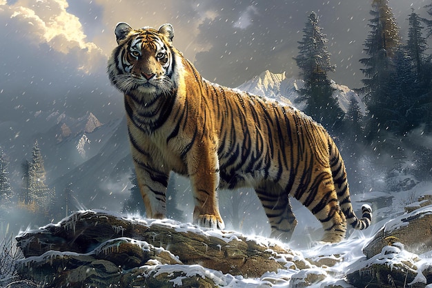 Graphic Majestic tiger standing on rocks in misty mountains with pine trees and snowcovered ground