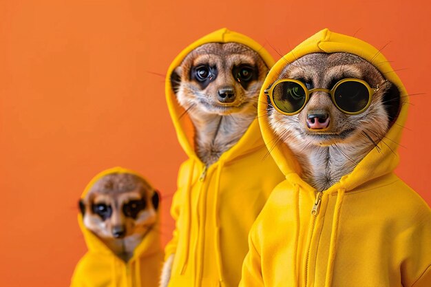 Photo graphic meerkats wearing yellow hoodies and sunglasses against orange background