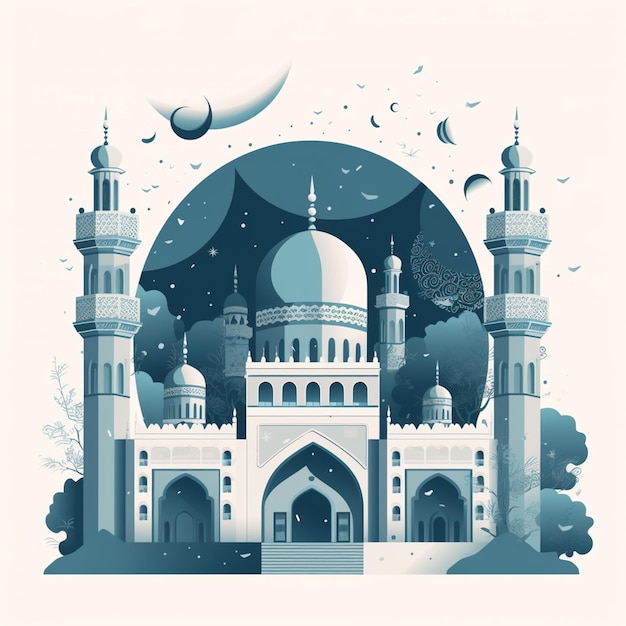 A graphic of a mosque with a blue dome and the moon in the background.