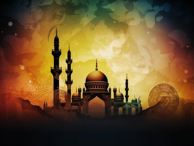 A graphic of a mosque with a colorful background