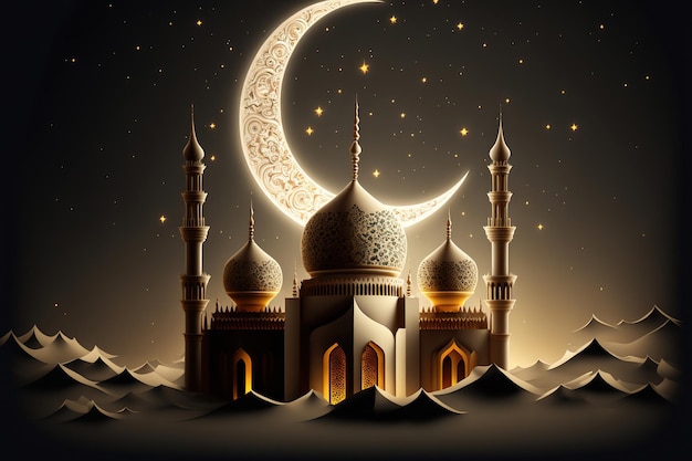 A graphic of a mosque with a crescent moon and stars.