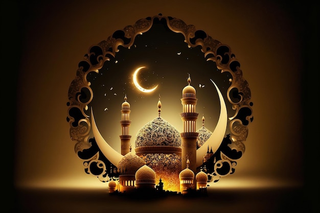 A graphic of a mosque with a crescent moon and the words ramadan.