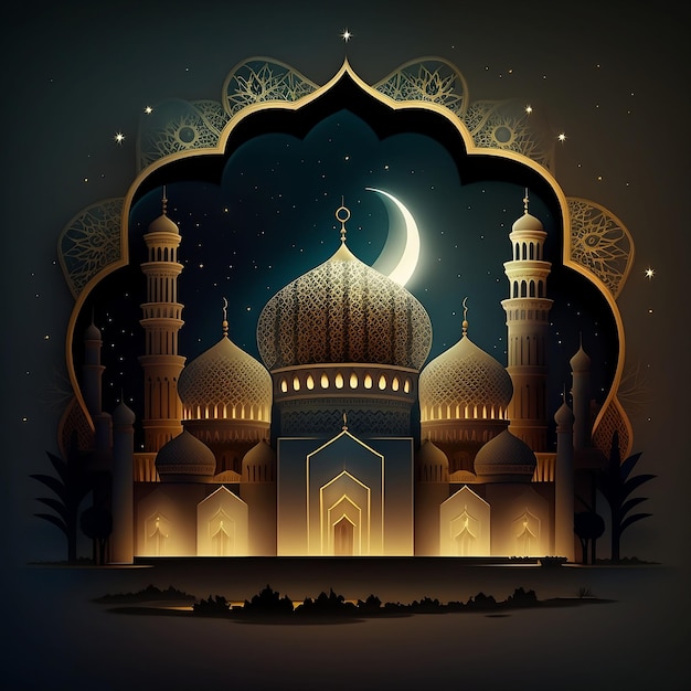 A graphic of a mosque with a moon and stars.