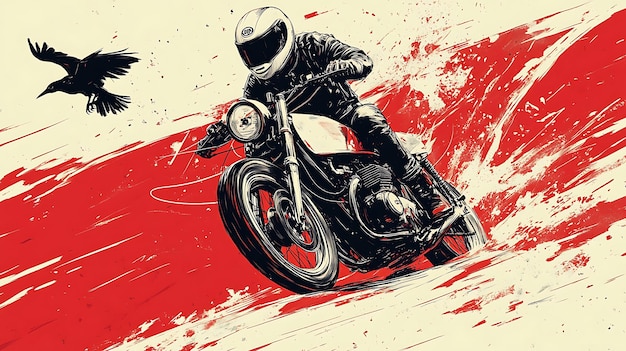 Photo graphic motorcycle rider with crow in bold red and black