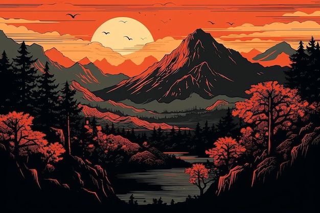 A graphic of a mountain landscape with a sunset in the background.