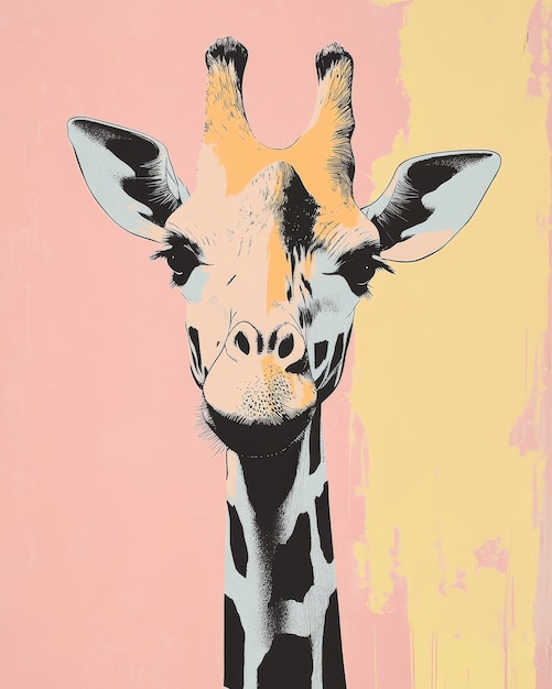 Photo a graphic neo brutalism giraffe poster featuring oversized features in muted pastel colors