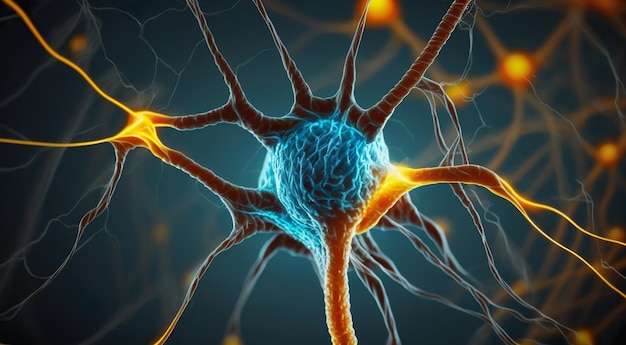 A graphic of a neuron with blue lights and the words neuron on the left side.