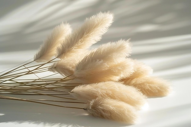 Graphic pampas grass beige fluffy bunny tails on a white background closeup minimalism soft ligh