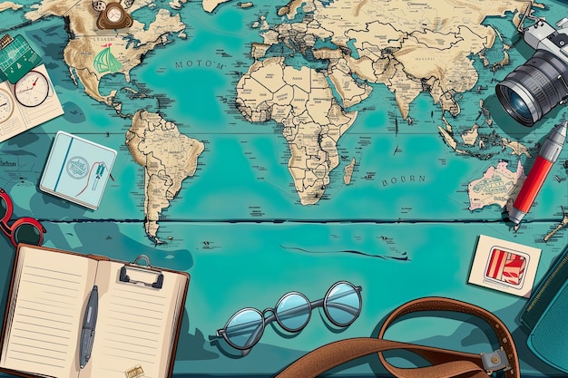 Photo graphic of planner with travel stickers and world map