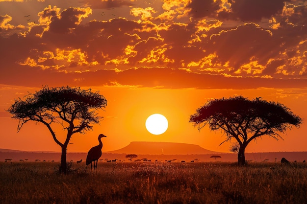 graphic presenting Dramatic African sunset over the savannah silhouettes of acacia trees and wildli