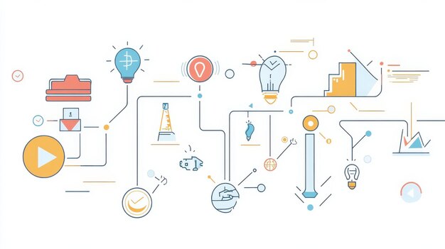 Photo graphic representation of innovation concepts with various icons symbolizing ideas technology and progress in a bright color scheme