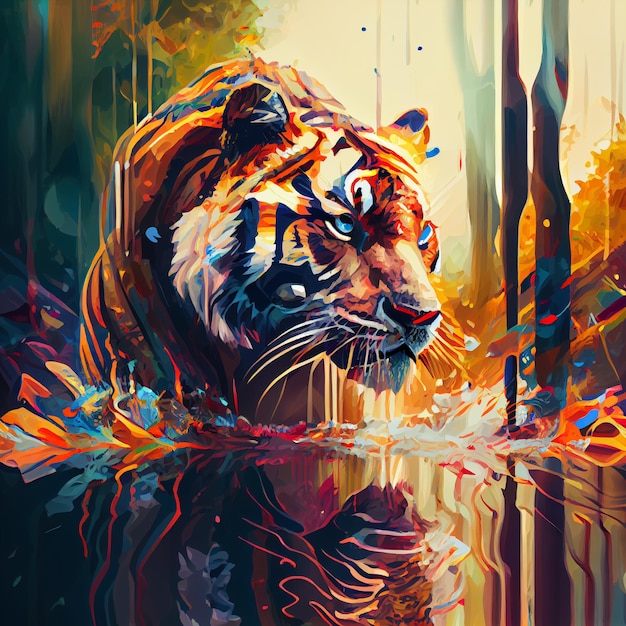 graphic style art illustration of a photo realistic tiger in sunny woods