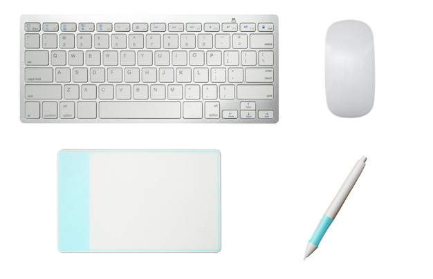 Graphic tablet pen mouse and keyboard siolated on white top viewxA