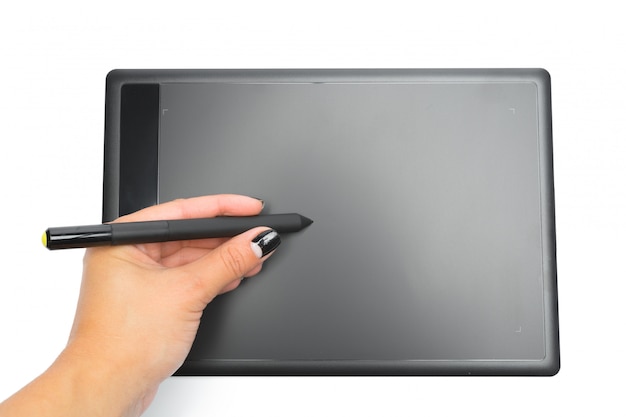 Graphic tablet with pen and hand for illustrators and designers, isolated on white background