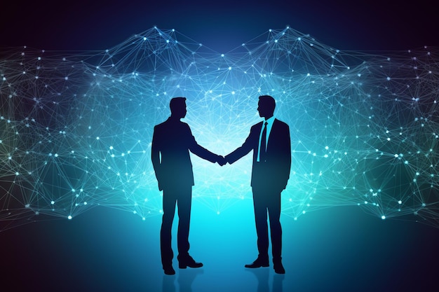 A graphic of two men shaking hands with the words'digital'on the top left