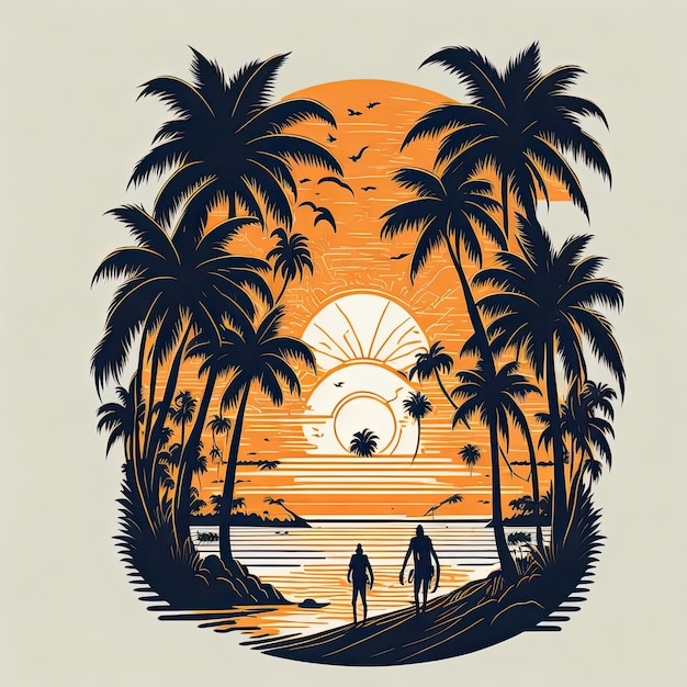 A graphic of two people walking on the beach with the sun in the background.