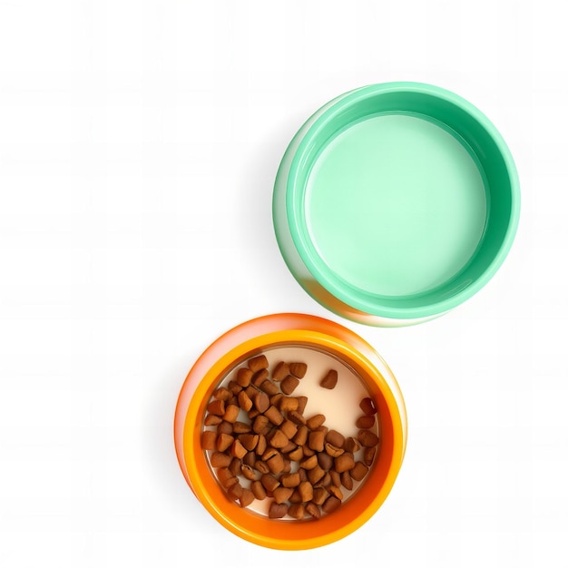 Photo graphic two pet bowls with dog food and water on a white background one bowl is orange colored and