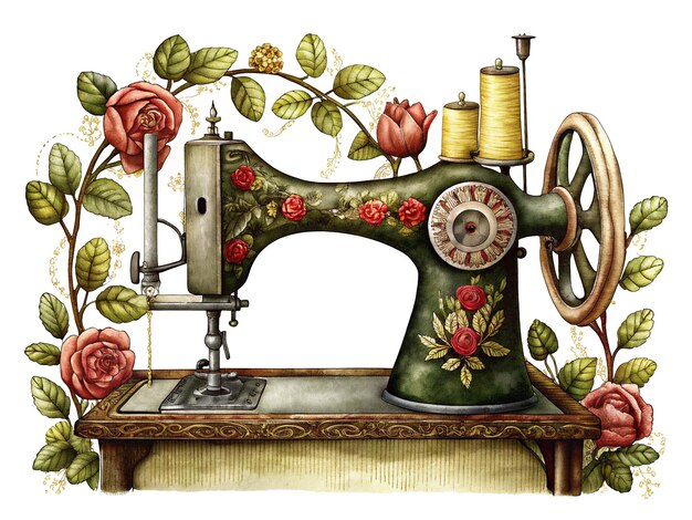 Photo graphic of a vintage sewing machine surrounded by flowers