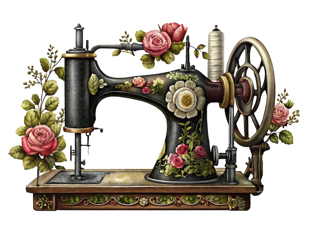 Photo graphic of a vintage sewing machine surrounded by flowers