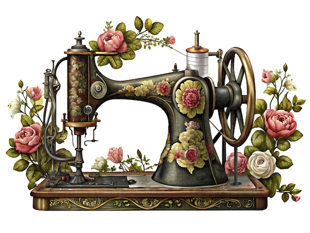 Photo graphic of a vintage sewing machine surrounded by flowers