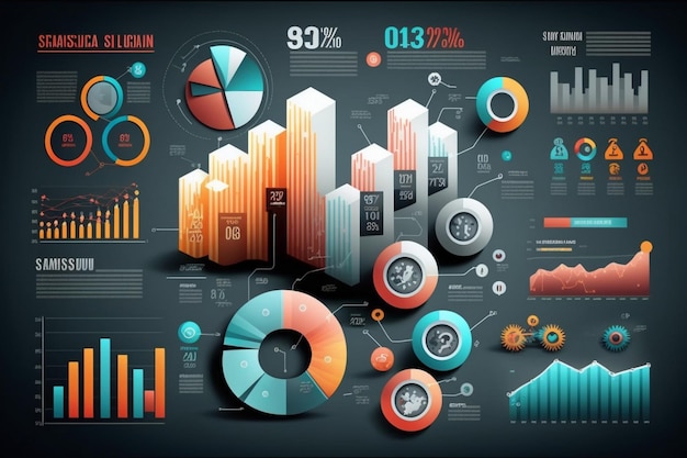 A graphic with a bar chart and graphs on it