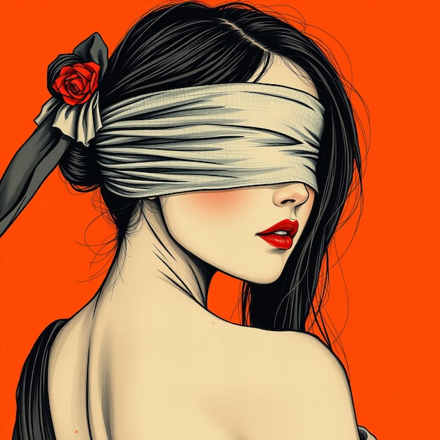 Graphic A woman wearing a blindfold with an Asianinspired drawing on an orange background