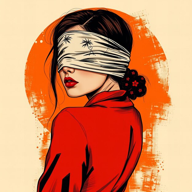 Graphic A woman wearing a blindfold with an Asianinspired drawing on an orange background