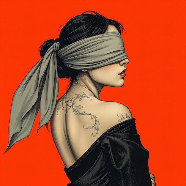 Graphic A woman wearing a blindfold with an Asianinspired drawing on an orange background