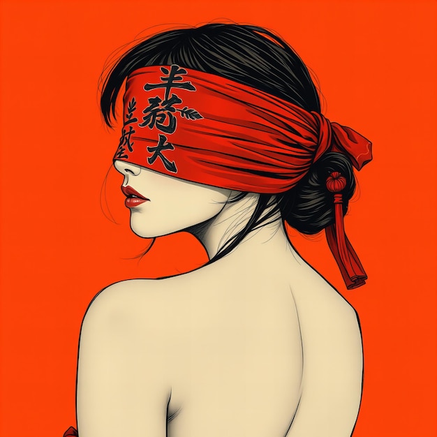 Graphic A woman wearing a blindfold with an Asianinspired drawing on an orange background