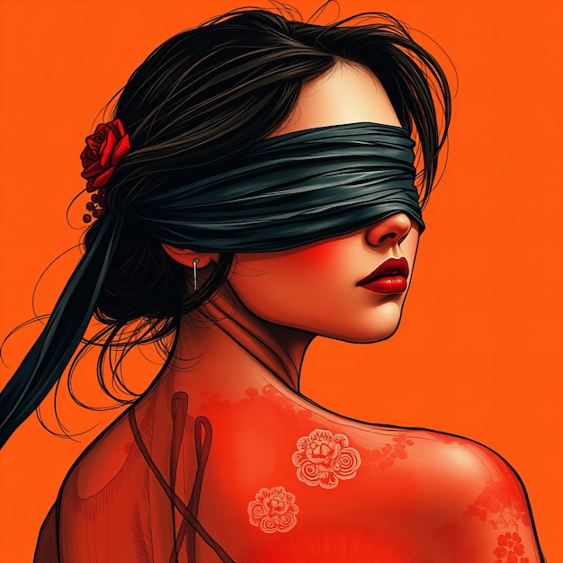 Graphic A woman wearing a blindfold with an Asianinspired drawing on an orange background