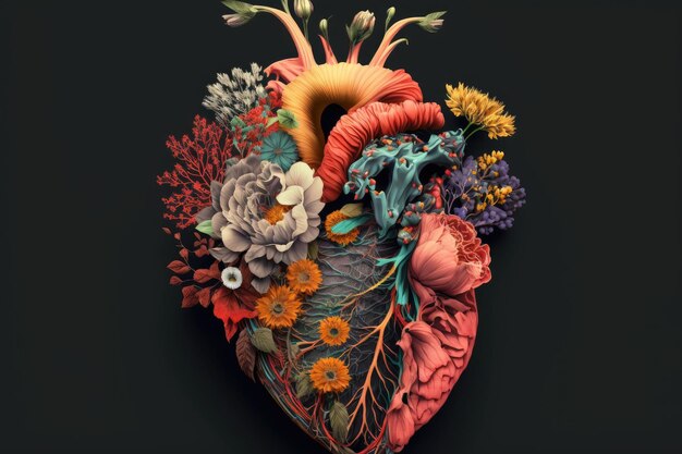 Graphical image of human heart with flowers consisting of bright blooming flowers