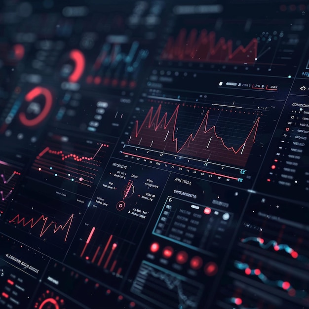 graphical user interface showcasing intricate data visualizations and detailed graphs on a dark back