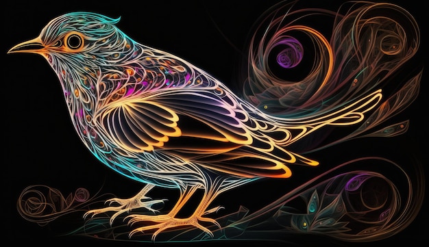 A graphics abstract design of a glowing bird with a long tail surrounded by swirling neon colorsset against a black background