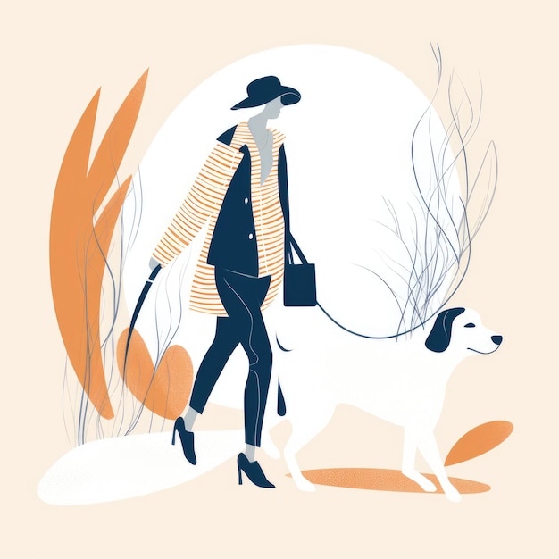 A graphics chic illustration of a woman walking her dog with a white background and stylish lines