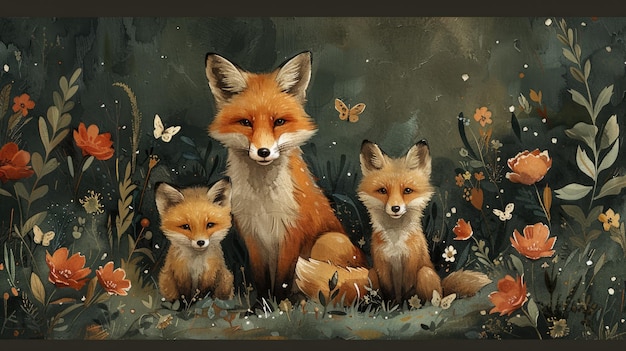 a graphics family of fox in a lush green forest watercolor style vibrant colors soft and whimsical peaceful and serene mama and baby animals with flowers and butterflies