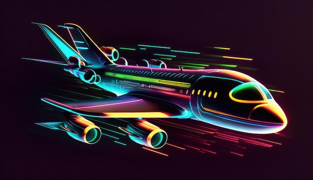 a graphics futuristic airplane with sleek lines and colorful lights set against a dark abstract background abstract neon design of a glowing